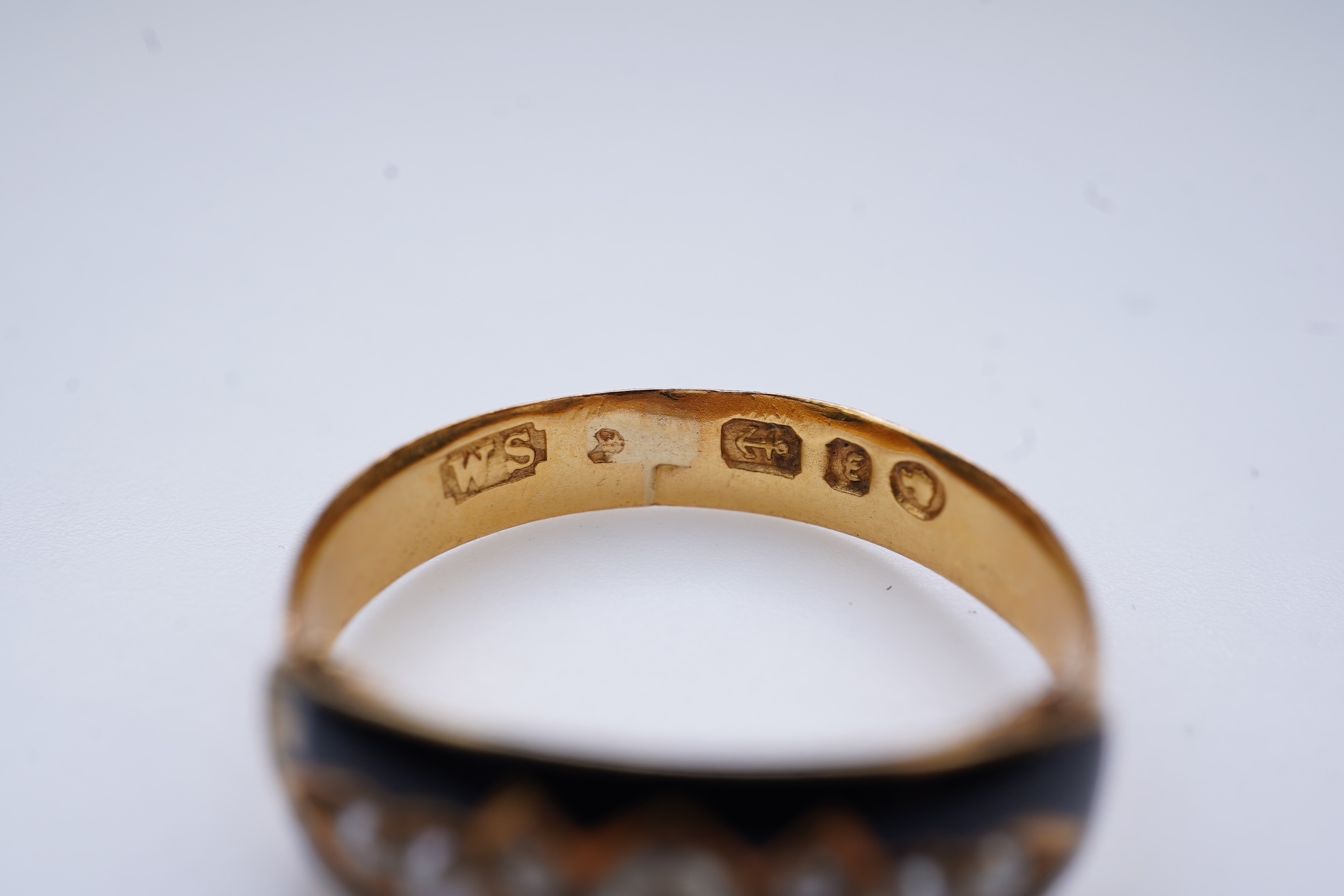 A Victorian black enamel and pearl mourning ring, 19th century